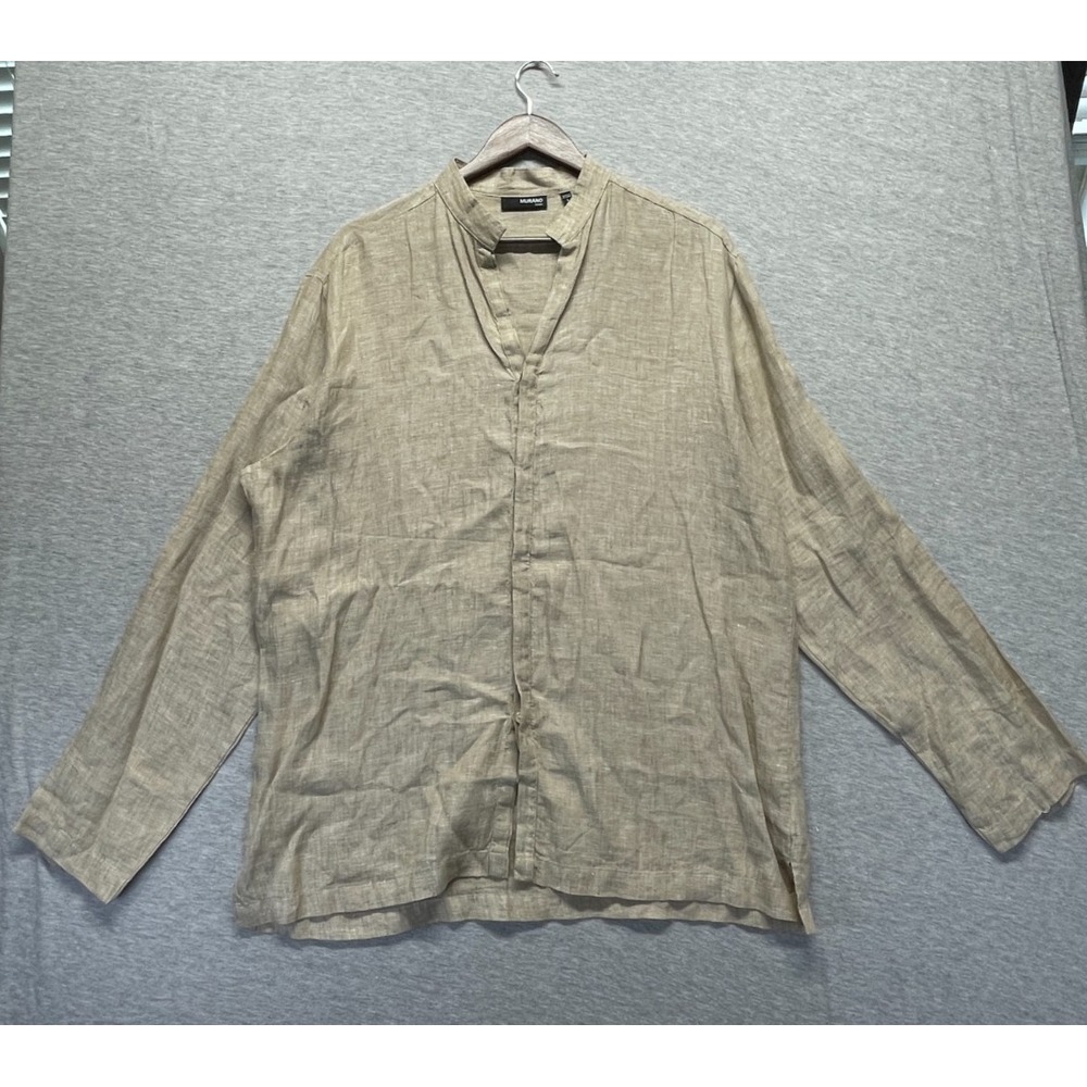 Murano Linen Shirt Mens Large Beige Side Slit Mandarin Collar Button Up Casual